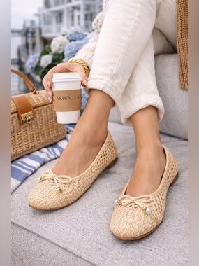 Draper James Eloise Raffia Ballet Flats Pearl Detail Natural Woven Women’s 8